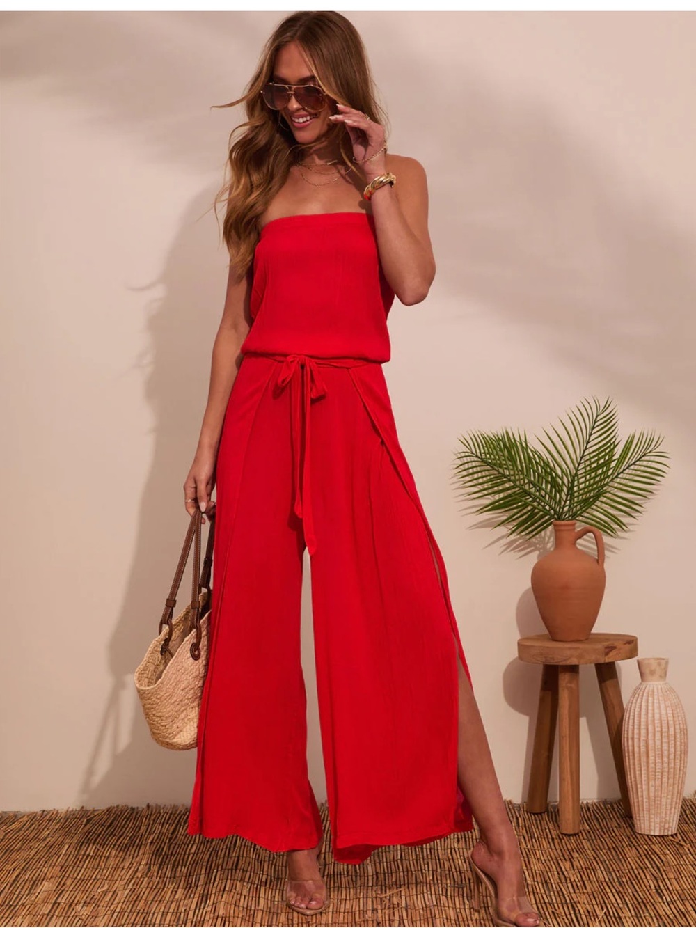Vici Strapless Wide-Leg Jumpsuit in Red